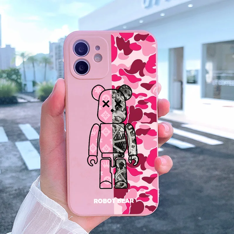 ROBOT Bear Phone Case for iPhone 14 13 Pro 12 11 Pro Xs X XR Max 8 7 SE with Cloth Silicone Cases Soft Back Cover