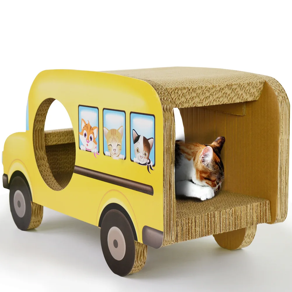 New Design Cat Toys Corrugated Paper Cardboard Cat Scratcher Car Shaped Room House Boxes School Bus Cat Scratcher Nest