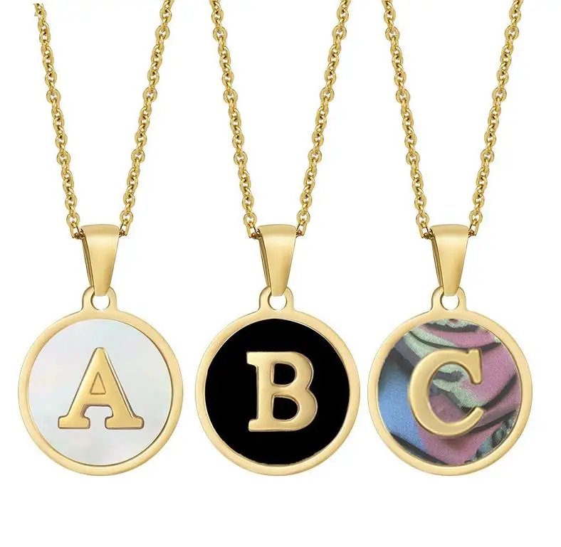 Hot Selling Fashion 18k  Gold Plating 26 initial Letters Cross chain Necklaces Natural Shell round Necklace Wholesale for Women