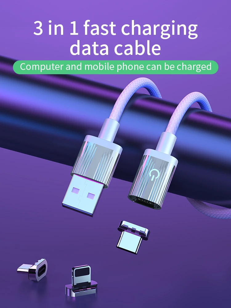 Hot Sell 6 A Fast Charging 3 in 1 Micro Type-C Lightning USB Port  Cable Magnetic Charging Cable for iPhone 14 Samsung Huawei
