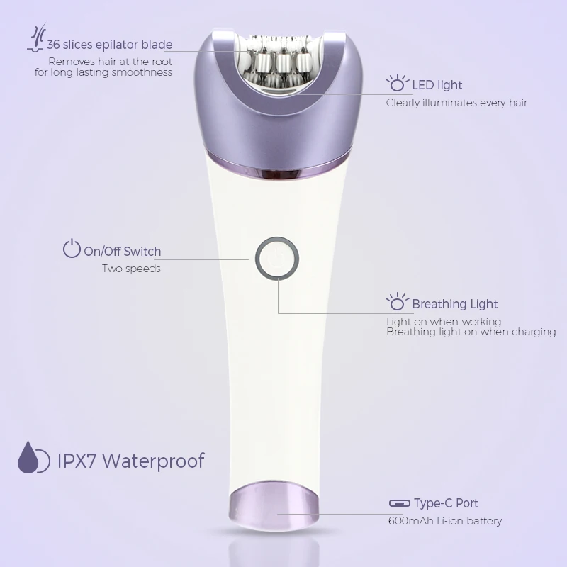 Women Portable Cordless Electric Epilator 5 Attachments for Legs Underarms Bikini Epilator