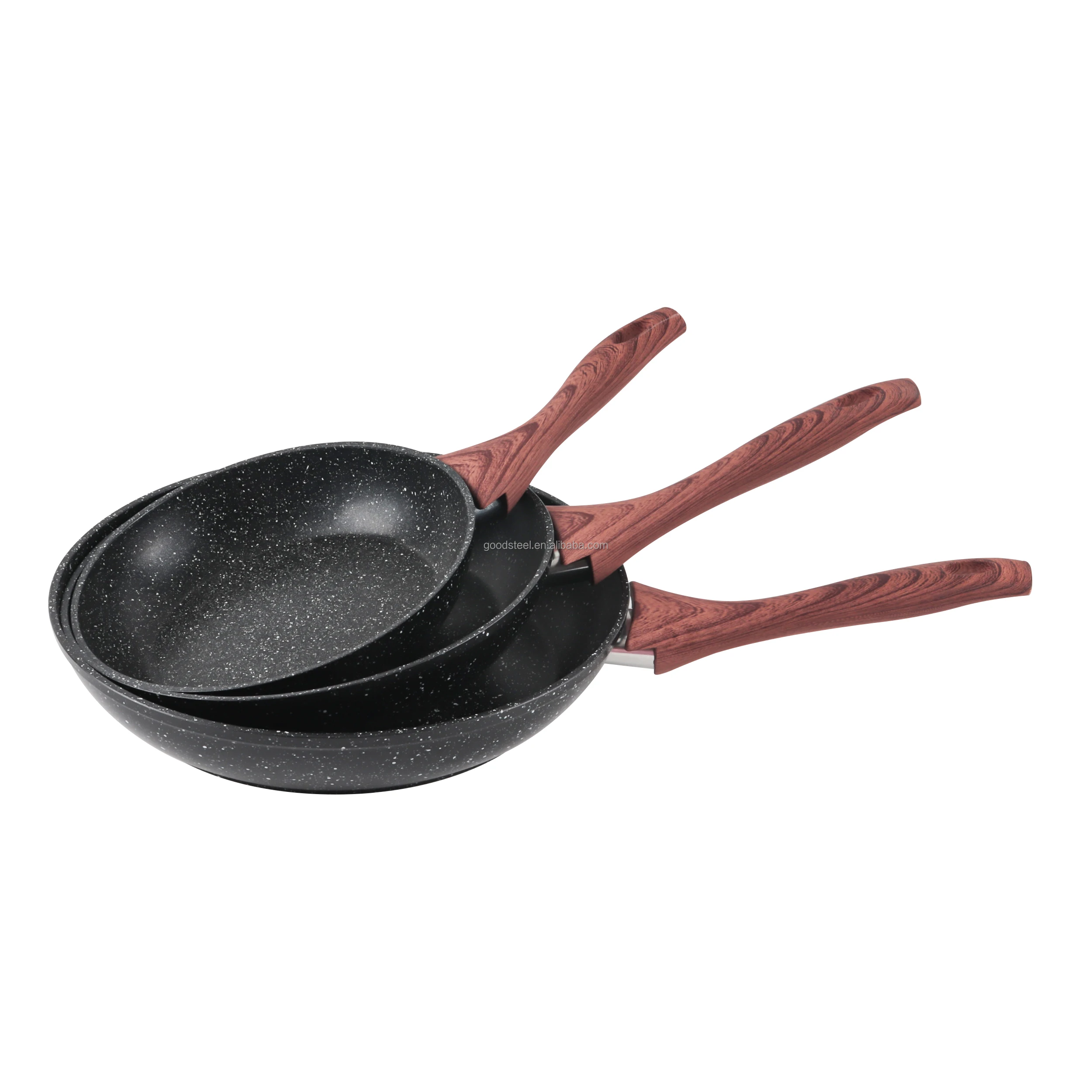 20cm Forged Aluminum Fry Pan with Marble Non-Stick Coating Pans Wooden style handle on non stick fry pan