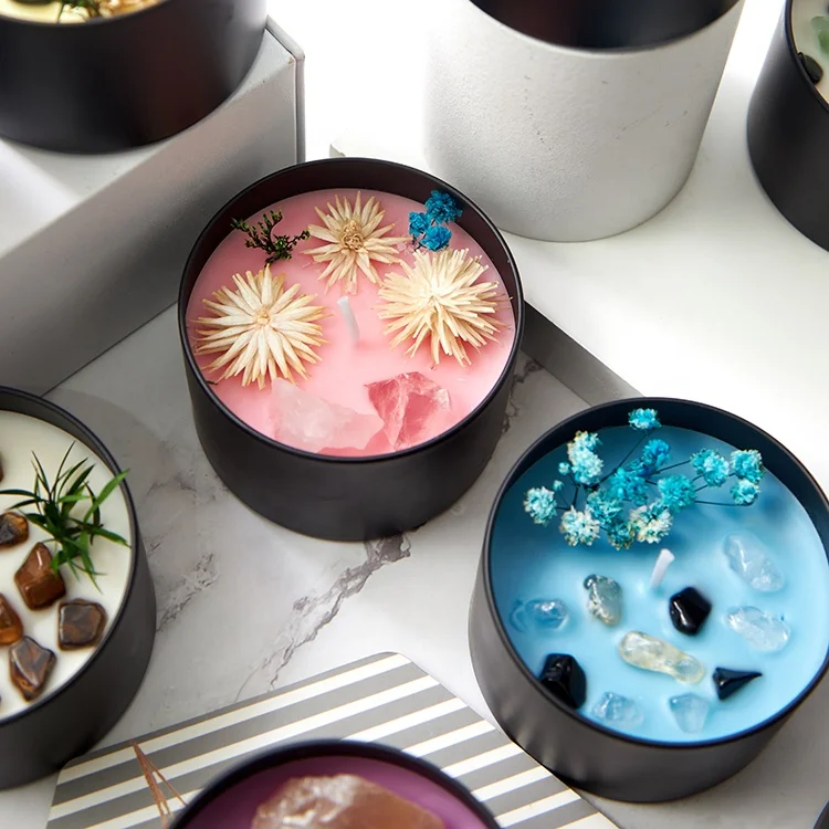 Custom Logo Best Gift Scent Oil Low Moq Guest Sand Wax Black Glass Three Wick 7 Chakra Healing Scented Candle