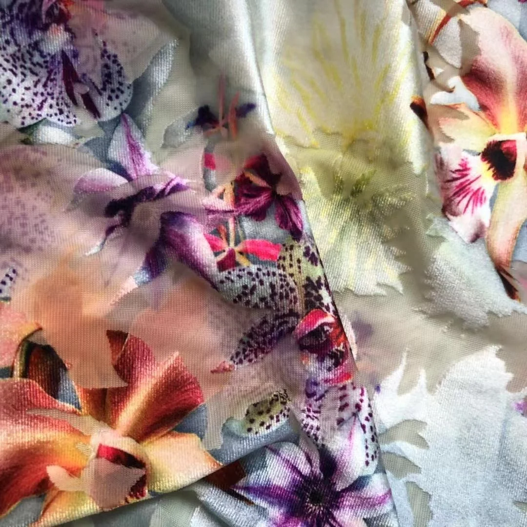 
New fashion polyester spandex floral stretch velvet burnout custom digital print fabric for dancewear dress 
