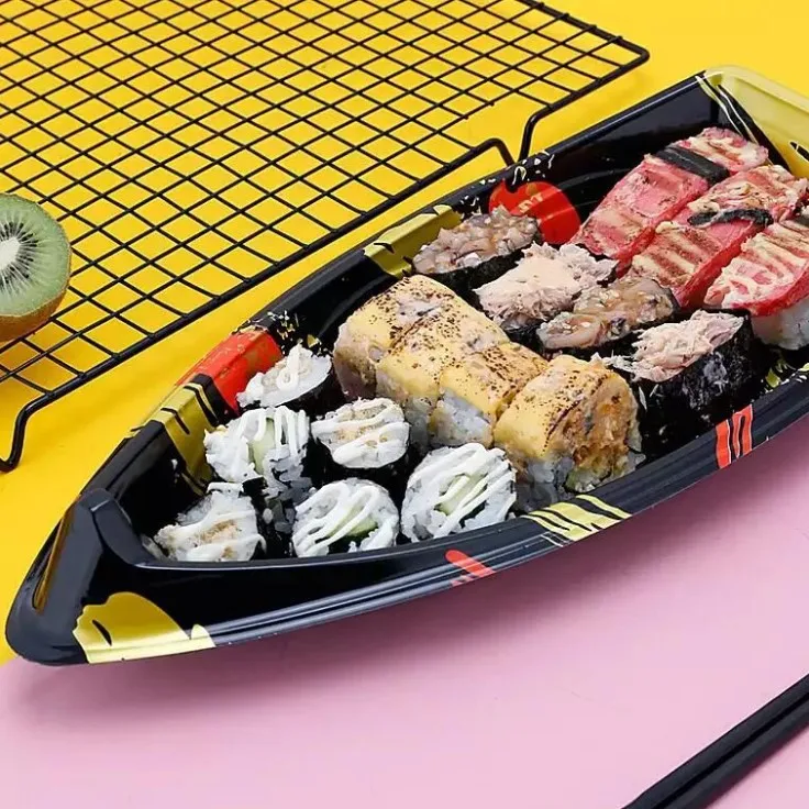 
Disposable Japanese Style Creative, Printing Boat Shaped Sushi Box Transparent Packing Box/ 