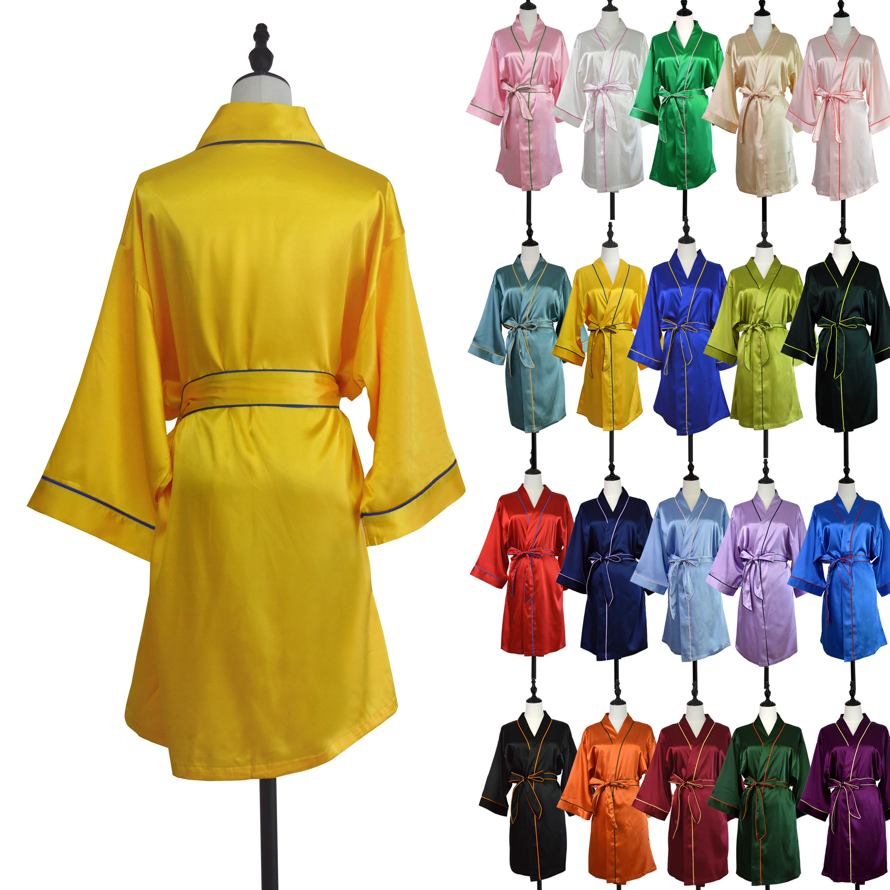 High Quality 20 Colors Luxury Silk Satin Robe Bridal Bridesmaid Party Wedding Robes with Piping Nightgown Women Sleepwear