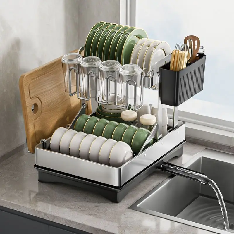 Foldable 304 Stainless Steel Dish Drainer Multi-Functional Dishes Chopsticks And Cups Storage For Home And Kitchen