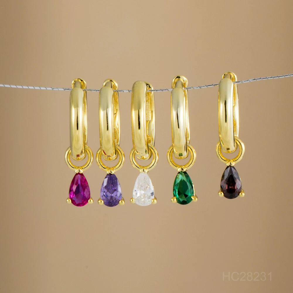 925 Silver 14k Gold Plated Women Jewelry Birthstone Hoop Earring With DIY Color Pear Cut CZ Drop Charms