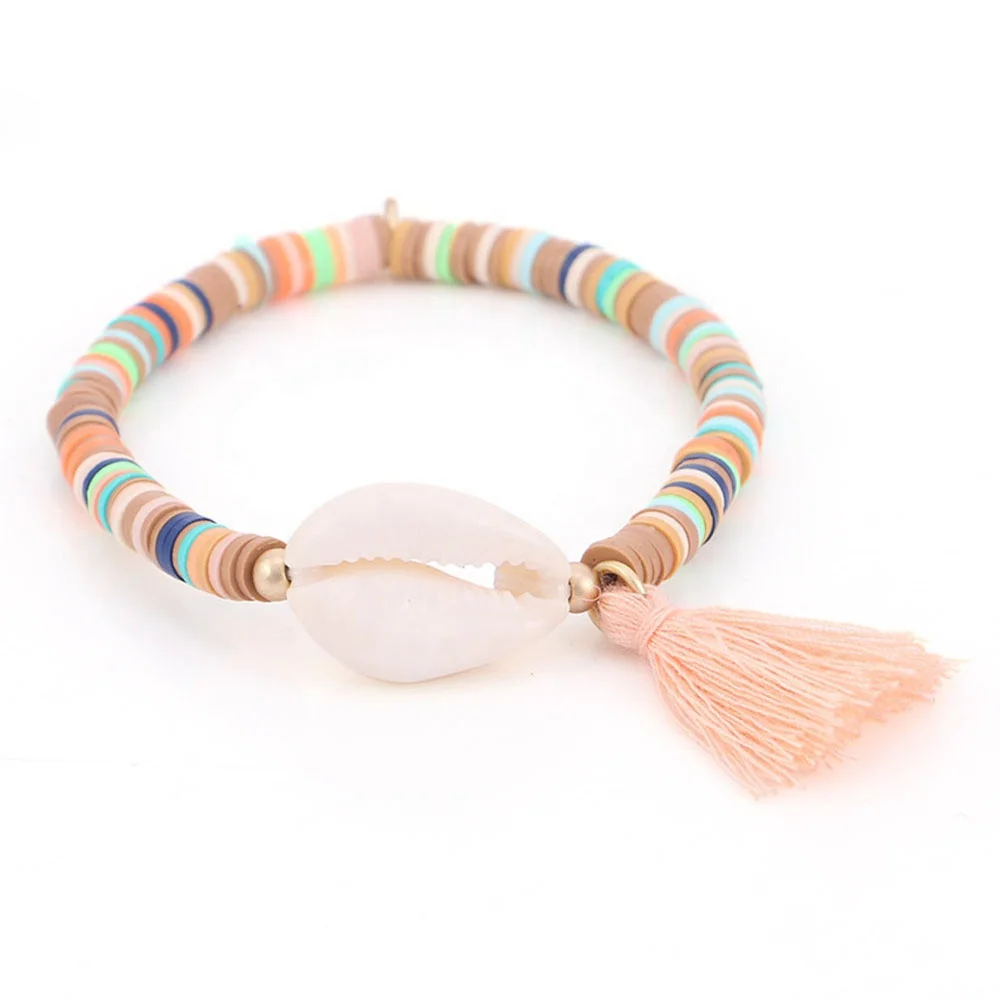 
White Case Elastic Bracelet Bohemian Coloured Polymer Clay Bead Bracelet Female Party Pearl Shell Beach 
