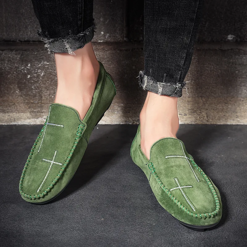 Men Casual Suede Leather Loafers Red Solid Leather Driving Moccasins Slip on Men Shoes Big Size