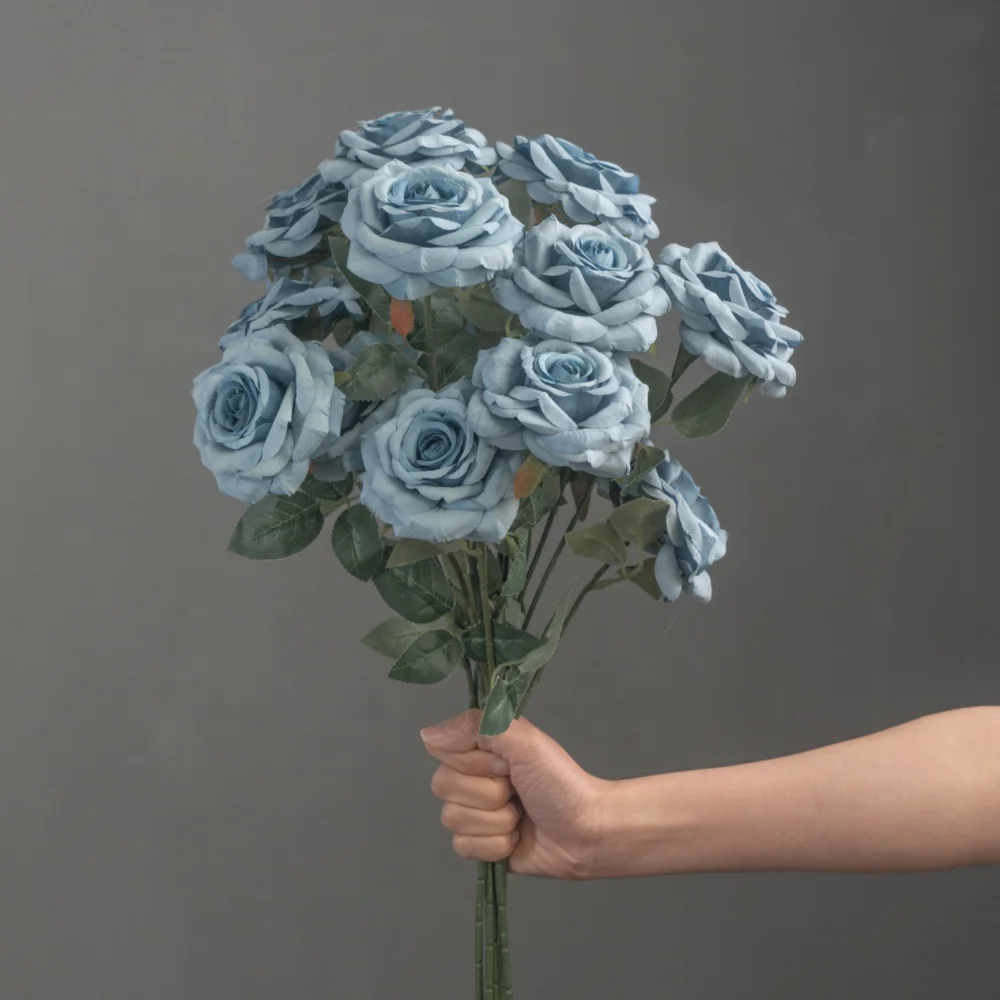 3 Head Royal Blue Silk Rose Floral Arrangement Artificial Flowers Bouquet Realistic Curly Rose Bouquet For Home Wedding Decor