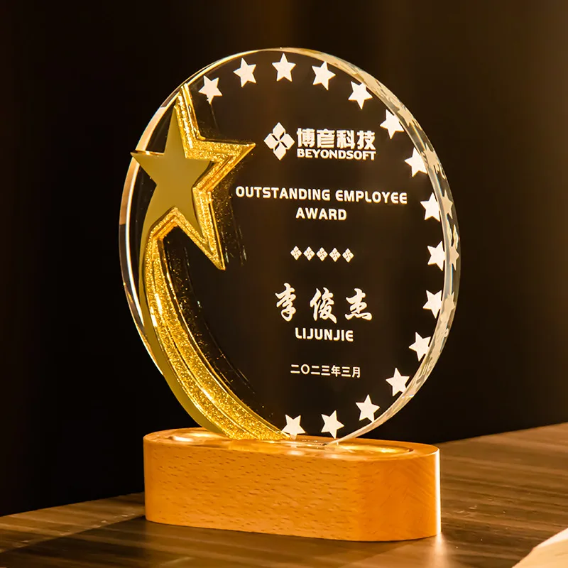 Honor of Crystal Creative Excellent Staff Competition Luminous Glass Awards Solid Wood K9 Blank Crystal Glass Custom LED Trophy