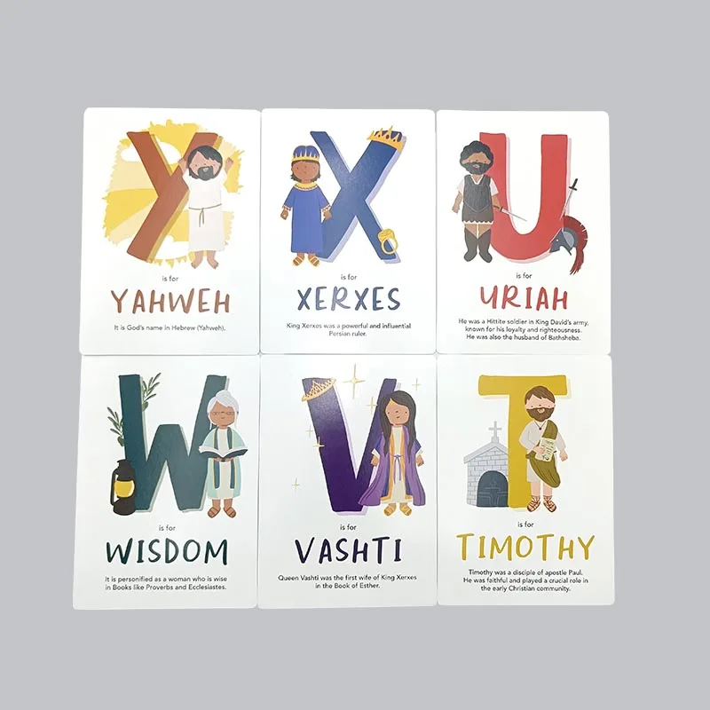 Custom Printing Eco Friendly Paper Kids Learning Game A To Z Adventures Bible Characters Alphabet Flash Cards With Wooden Block