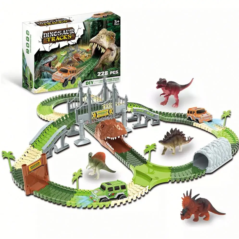 228 pcs electric mini car racing track car toy plastic dinosaur track car