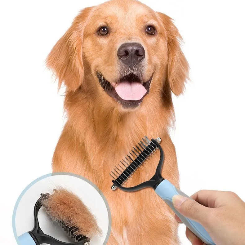 Hyra Dog and Cat Dematting Deshedding Brush Tool - Double Sided Undercoat Rake Shedding Comb Mat Remover L Size Blister package