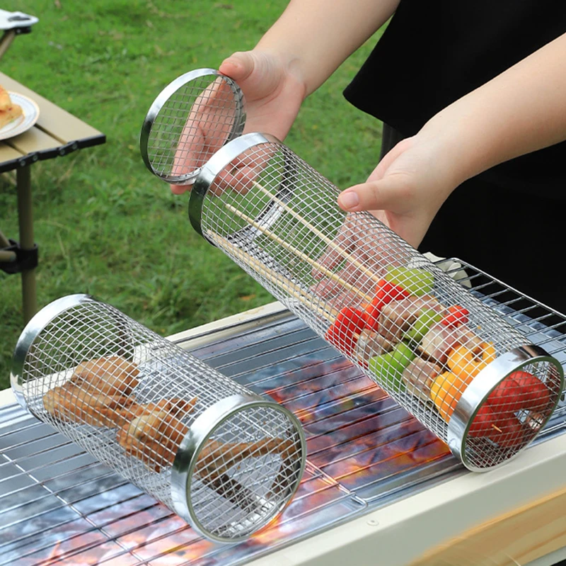 Rolling Grilling Basket Stainless Steel Wire Mesh Cylinder Grill Basket Portable Outdoor Camping Barbecue Rack