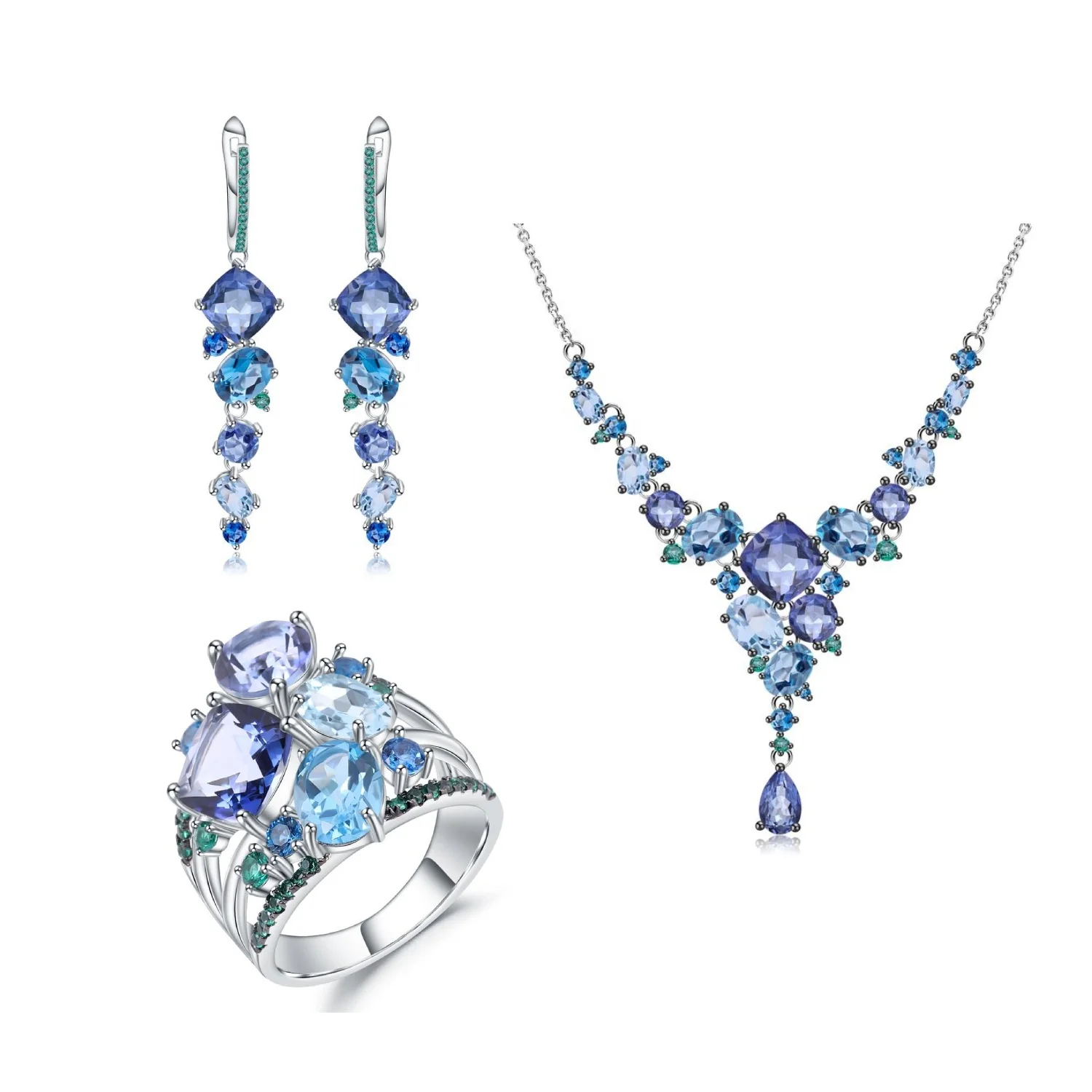 Abiding Fine Jewelry High End Luxury Cluster Blue Topaz Mystic Quartz Gemstone 925 Silver Jewelry Set For Women Dinner Party