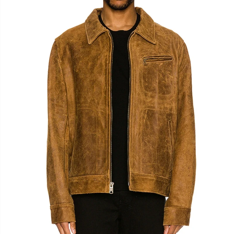 Hot Sale Front Zipper Closure Chest Zip Pocket Jacket Durable Button Barrel Cuffs Unlined Rough Suede Jacket for Men