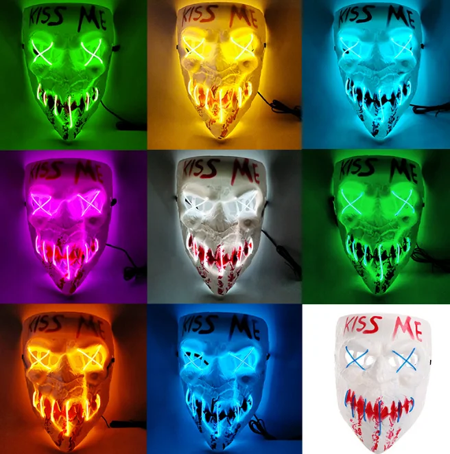 EL Wire LED Kiss me Luminous Mask Thriller Full Face White Mask Masquerade For Halloween Horror Props