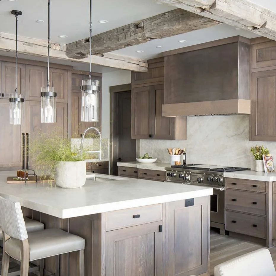 Modern Wood Kitchen Cabinets with Island Modular Rustic Style MDF Furniture Kitchen Design Plywood Cabinet by Supplier