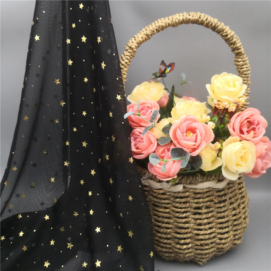 New Fashion High Quality Stamping Golden Star Foil Fabric Stretchy Black Mesh Fabrics Punching Sequin Tulle Cloth
