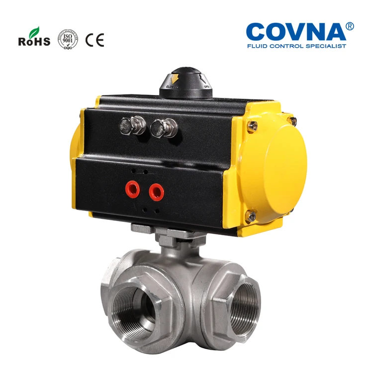 COVNA Actuator Valves Single or Double Acting DN50 Stainless steel Pneumatic Actuated 3 Way Threaded Ball Valve