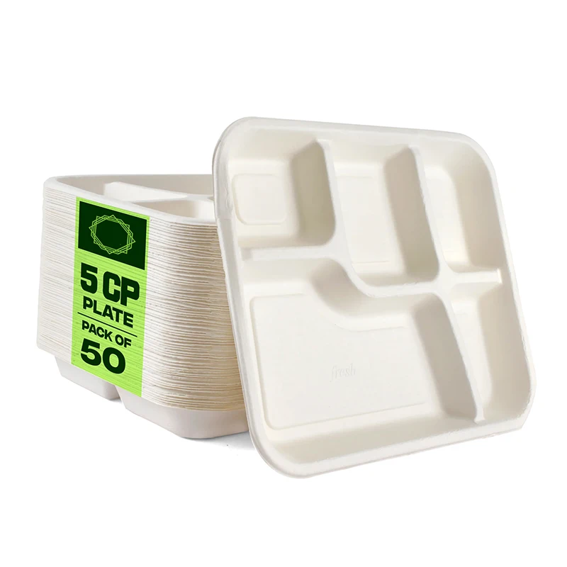 Heepack Biodegradable Pulp Tableware Food Packaging Plates Disposable 5-compartment Sugarcane White Bagasse Tray