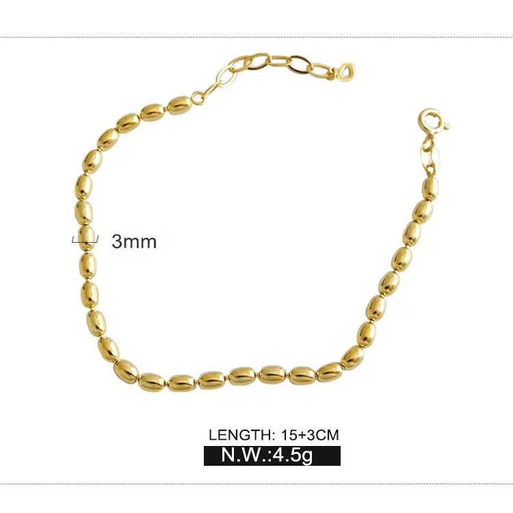Wuqie S925 Sterling Silver Gold Plated Oval Bead Bracelet Wild Beaded Bracelet Bangles