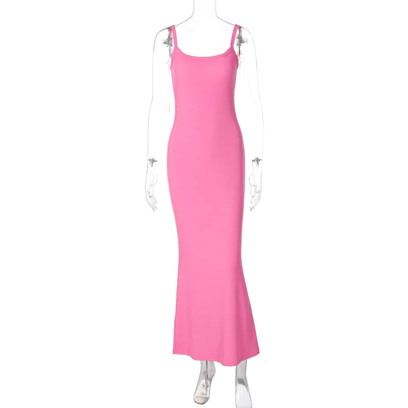 B27535 - modern rib knit sleeveless plain halter simple bodycon casual long dresses for women