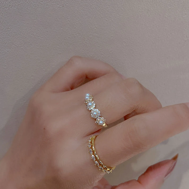 Exquisite Wedding Jewelry Multilayer Rhinestone Oval Open Women Sweet Romantic Adjustable Smart Pearl Ring