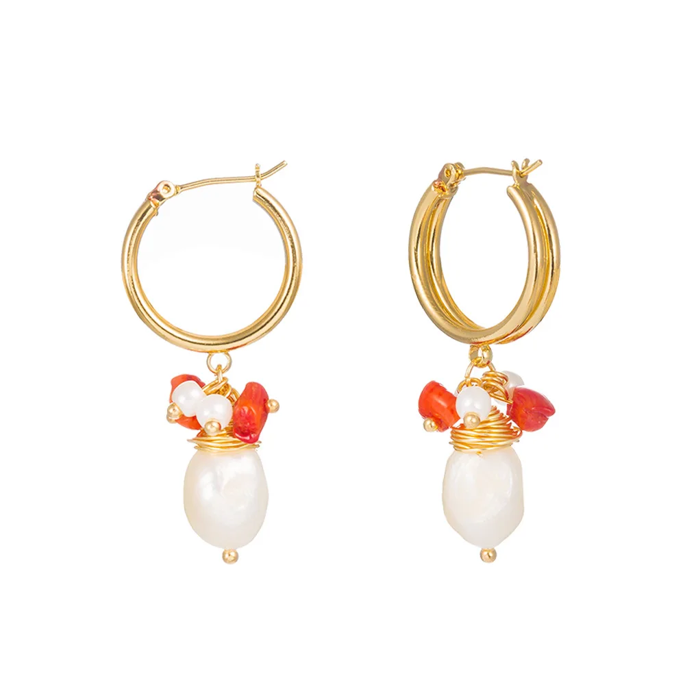 Double Layer Circle Gold Hook Red Coral Stone pearl Hoop Earrings Freshwater Baroque Pearl Huggie Hoop Earrings For Women
