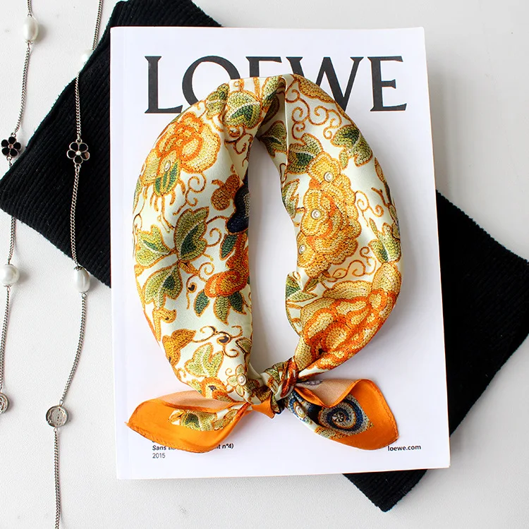 High Quality Elegant Hair Scarf Silk Square Embroidered Silk Scarf for Women