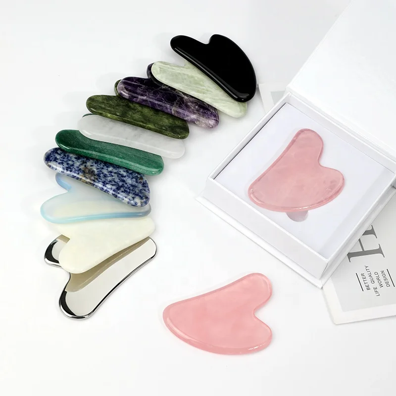 Custom Logo Heart-Shaped Gua Sha Personalized Guasha Board Natural Quartz Jade Stone Amethyst Facial Massager