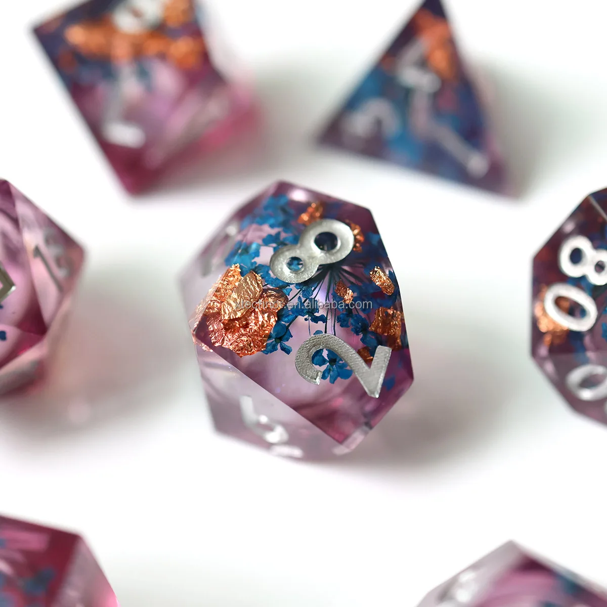Unique Handmade 7pc Sharp Edge Resin Polyhedral Dice D&D Dungeons and Dragons RPG dice-Flower Liquid Core Dices