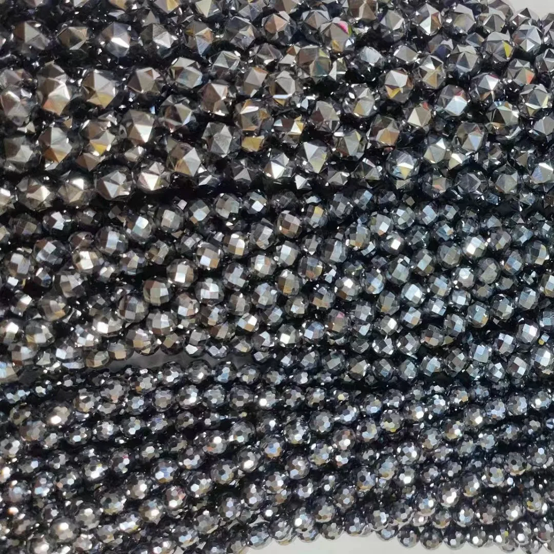 Semi-preciousJewelry Making Terahertz Precious stone  beads Color Gray black Silvery Round diamond Faceted Terahertz Beads