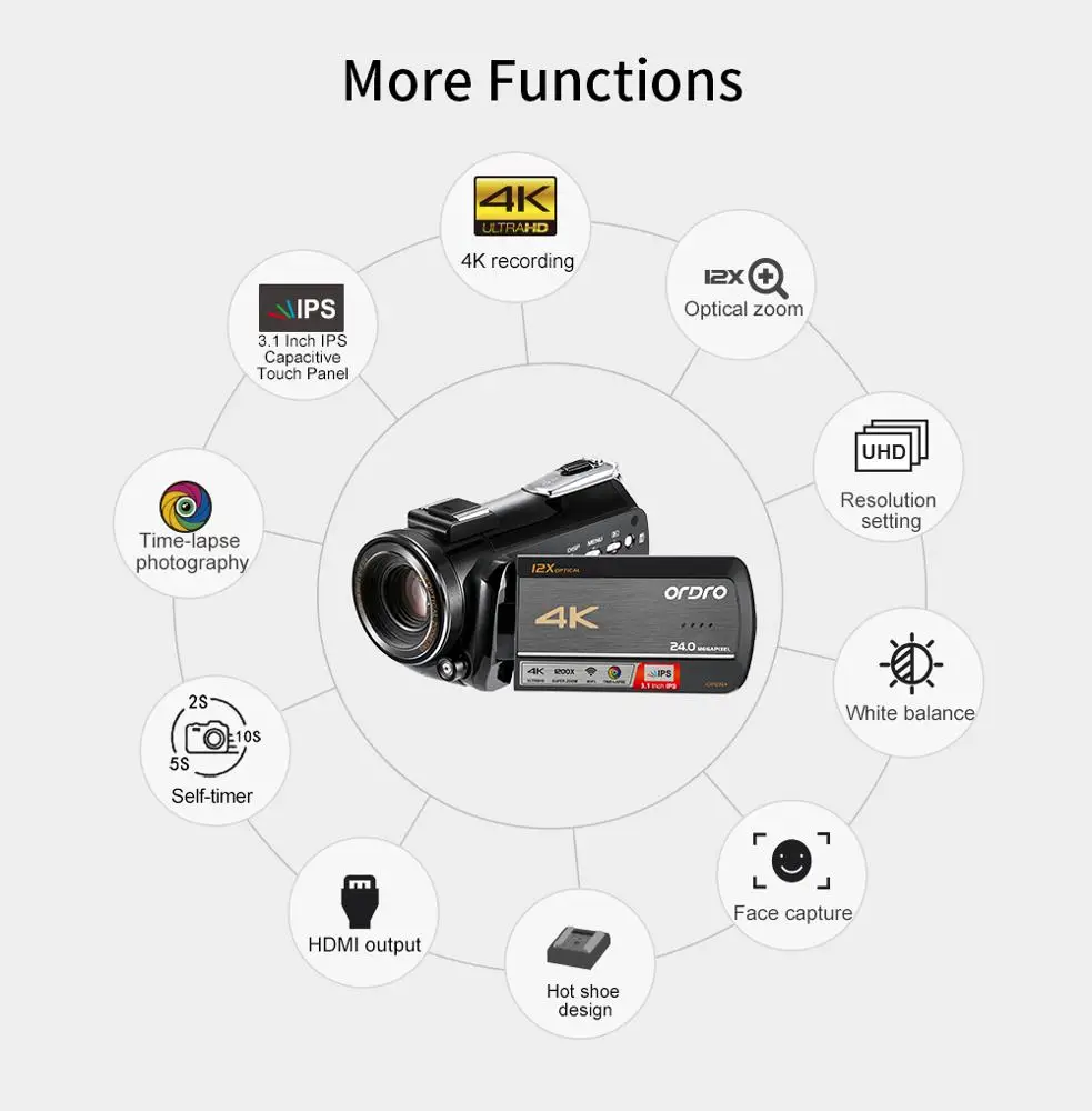 
AC5 Ultra HD 12X Optical Zoom Handy Digital Vlog Professional 4k Handcam Video Camera 