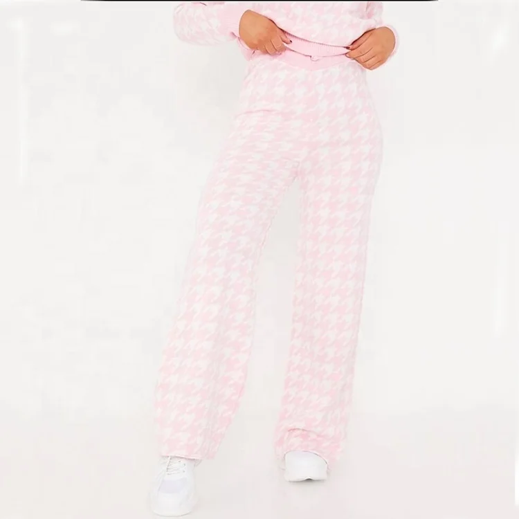 OEM custom pattern Women ladies slash neck long sleeve loungewear co-ord tracksuit 2 piece set ribbed cotton womens loungewear