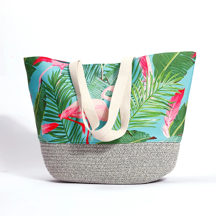 Hot Selling Custom Polyester And Cotton Rope Shoulder Beach Bag Colorful Digital Printing Beach Bag With Canvas Rope
