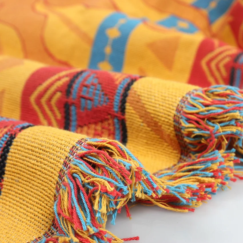 Wholesale 100%cotton throw with tassel warm golden sun jacquard tapestry decorative custom woven blanket