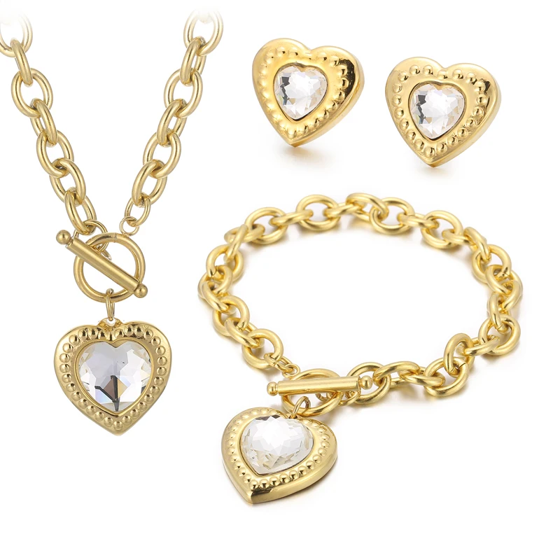 Popular Multicolour OT Buckle Bracelet Earring Stainless Steel  Three Piece Set Crystal Glass Heart Pendant Necklace
