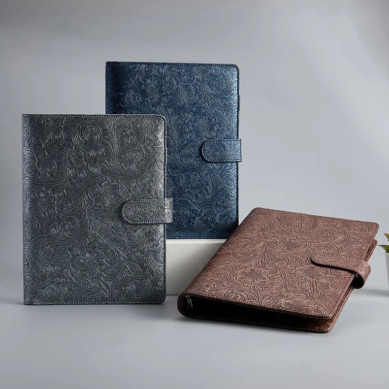 Elegant Patterns Ring Binder Vegan Leather Note Book Cover with Buckle A6 Tickets Storage Holder with Inner Pockets