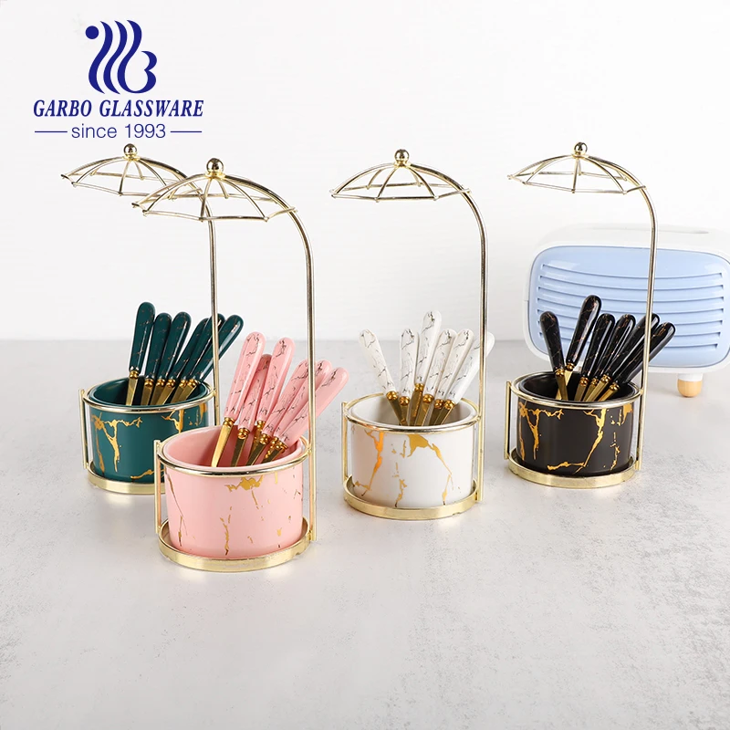 Newly Designed Umbrella Block Ceramic Marble Handle Gold Cutlery Stainless Steel Dessert Spoon Teaspoon Set Cake Coffee Spoon