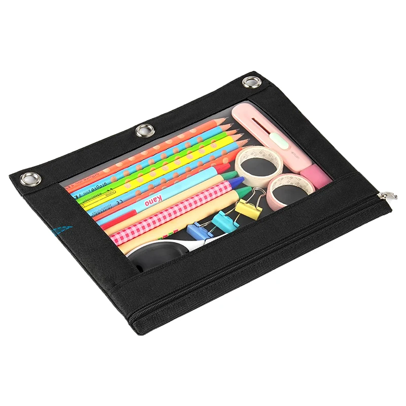 Colorful Oxford Fabric with Mesh Net Bulk Black Pencil Bags Zipper Pouch for 3 Ring Binder for Students