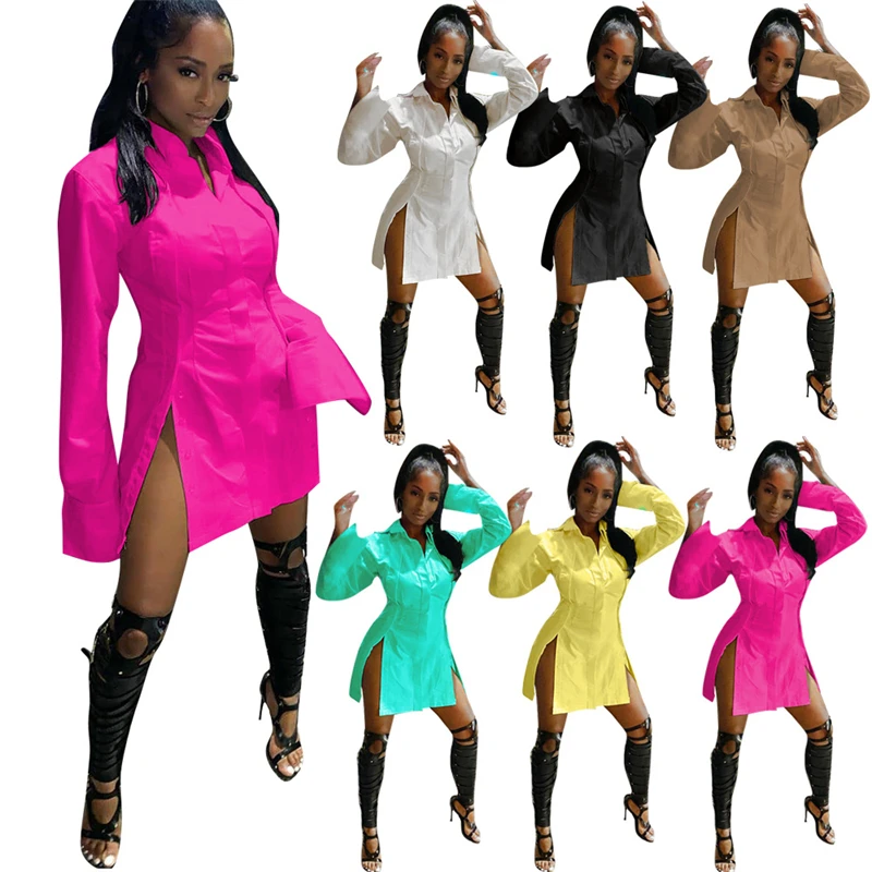 high quality 100 polyester fabric performance snap button down white long sleeve collar dress shirt mini dress for women 2022