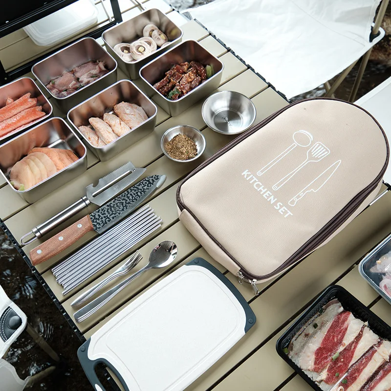 Hot Selling Portable Storage Handbag 304 Stainless Steel Outdoor Cookware Camping Kitchenware Picnic BBQ Supplies Metal Plastic