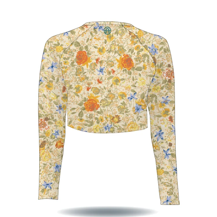 Fashionable custom yellow flora design dye sublimated sports long sleeve womens ladies girls t shirt crop top fishing shirts