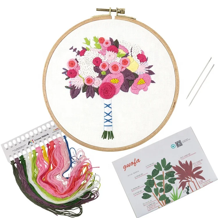Wholesale Folk Craft Cross-stitch Flower Patterns DIY Embroidery Kit With Plastic Hoop