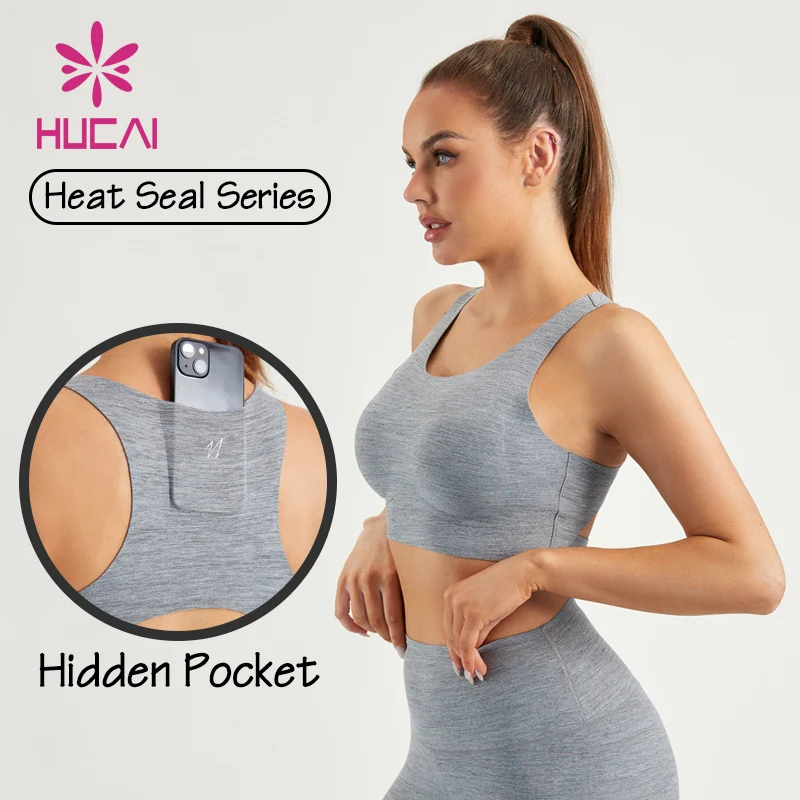 HUCAI custom logo super soft skin friendly polyester U neck supportive Heat seal yoga padded sports bra with back pocket