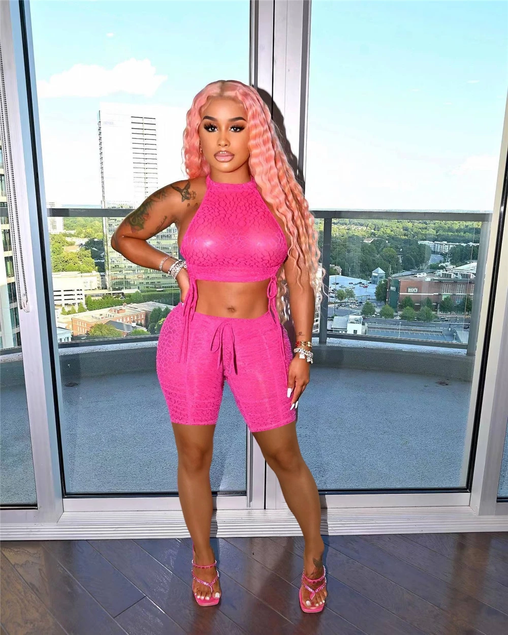 MD-2Sexy Outfits Women Party Club Wear Matching Sets Crop Tank Tops and Biker Shorts Sheer Mesh See Through Women Two Piece Sets