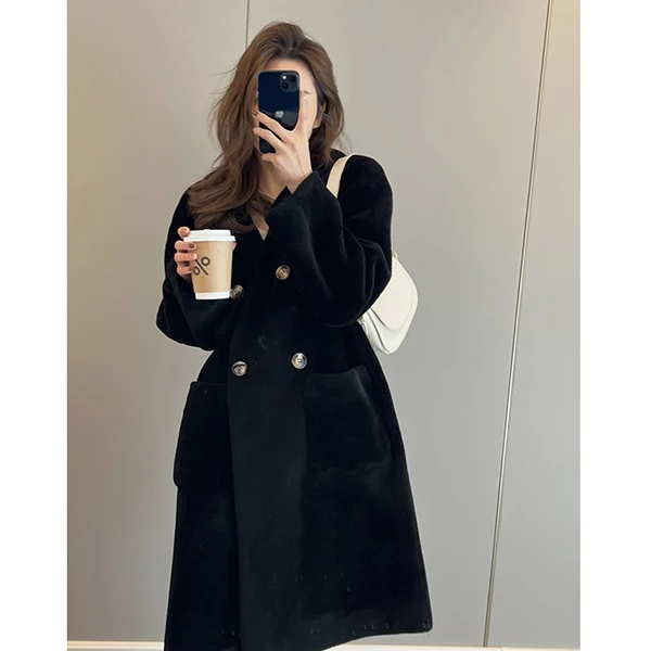 Manufacturer Women V Neck Coat Double Korean Fashion Fur Jacket Woolen Shearing Sheep Fur Loose Fit Winter Long Coat